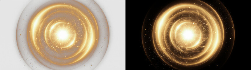 Golden swirling vortex tunnel, cosmic whirlpool spiral, glowing concentric rings with warm center light, transparent PNG background, perfect for VFX, sci-fi, fantasy, and cinematic design overlays © Pixora