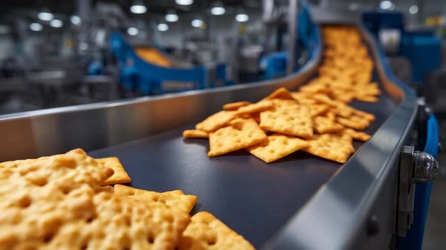 248Macro close-up of golden crackers moving on stainless steel conveyor belt, crisp texture highlighted, industrial snack production line, automated machinery processing snacks, moder