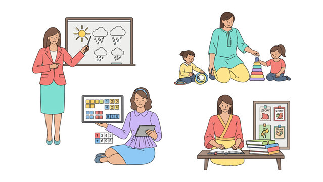 Classroom Companions: A teacher in a classroom is depicted in various scenes, interacting with children. These scenes encapsulate the essence of a dynamic learning environment.