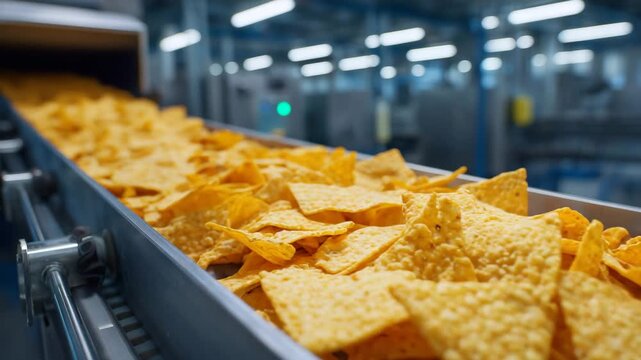 249Macro close-up of golden crackers moving on stainless steel conveyor belt, crisp texture highlighted, industrial snack production line, automated machinery processing snacks, moder