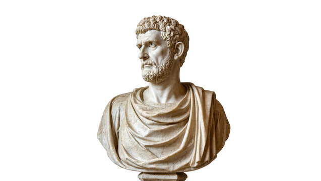 Isolated classical marble bust portraying a thoughtful bearded man from antiquity