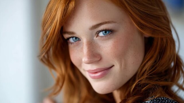 252Close-up beauty portrait of a 30-year-old woman with red hair and blue eyes, soft highlights on hair, even skin tones, white background, realistic facial proportions, premium stock