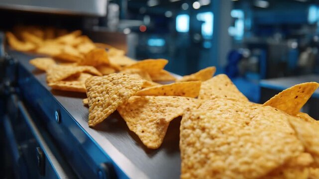 252Macro shot of crackers sliding under automated processing machine, crisp surface details, stainless steel conveyor and machinery parts visible, modern food production, industrial m