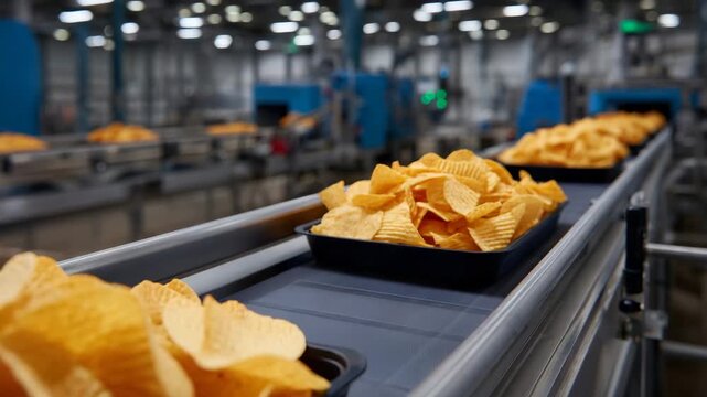 255Close-up of stack of crispy snacks on factory conveyor belt, metal rollers and automated sorting arms in background, high detail, industrial food production, production line machin