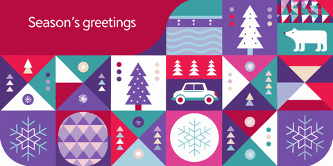 Festive geometric winter scene with trees animals and holiday elements © Prince