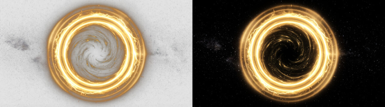 Glowing golden fire vortex, swirling spiral portal, magic circle, cosmic ring with transparent PNG background, perfect for fantasy, game design, overlays, and supernatural effects