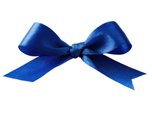 Isolated elegant shiny dark blue satin fabric gift bow tied with beautiful ribbon