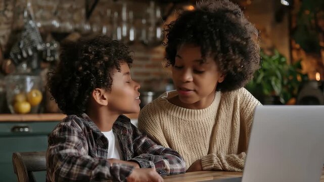 Mom engages in learning with her son as they work on school assignments together on a laptop in a cozy kitchen environment