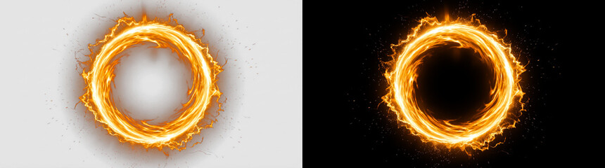Realistic fire ring, burning circle, flame hoop, fiery round frame with transparent PNG background, ideal for overlays, VFX, game design, and magic portal effects © Pixora