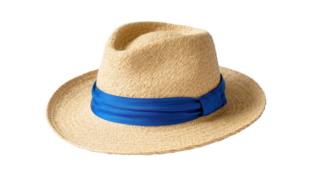 Isolated classic straw fedora hat with a vivid blue fabric band, essential summer accessory