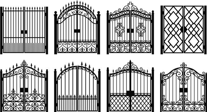 Ornate Wrought Iron Gate Silhouette Collection Featuring Classic Victorian Swirls, Decorative Metal Fence Designs, and Antique Estate Entrance Icons for Luxury Residential Architecture and Security