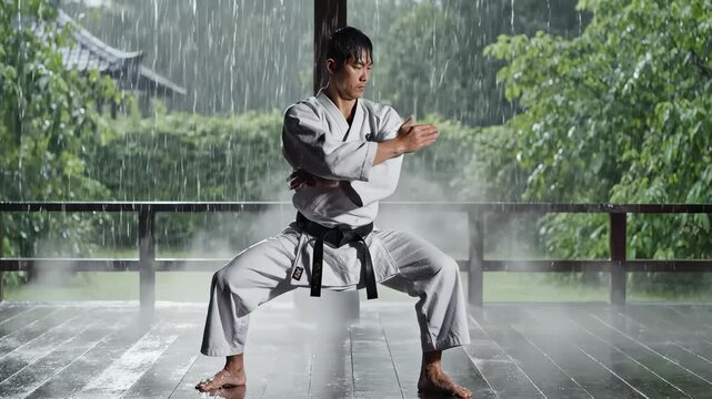 Karate Master Training Martial Arts Moves In Heavy Rain Outdoors