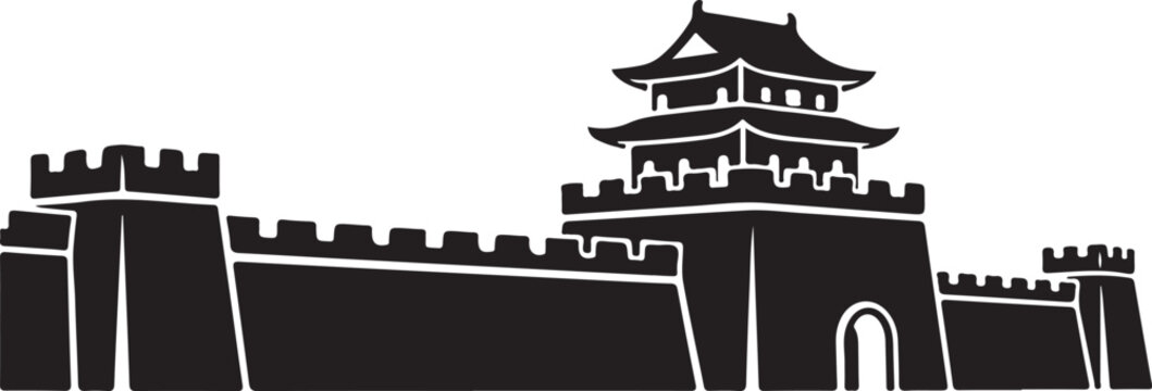 Chinese pagoda watchtower and fortification wall illustration  ancient architecture