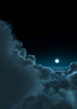 Aerial view of a night sky with a full moon surrounded by clouds, 3d rendering