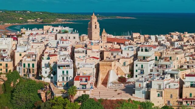 Aerial View of Vieste Medieval Town on a Sunny Day in Puglia Italy