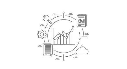 Obraz premium Business analytics concept: graph, documents, gears, cloud, magnifying glass, data analysis
