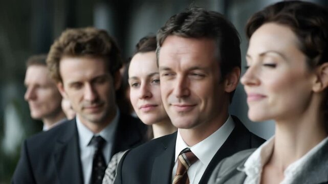 Unity in professionalism among a group of Caucasian businesspeople standing together in a conference setting during a corporate event aimed at fostering collaboration and teamwork