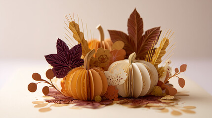 luxury thanksgiving popup greeting card with layered paper craft pumpkins, intricate 3d papercut autumn harvest scene with maple leaves, minimalist thanksgiving invitation background with wheat stalks