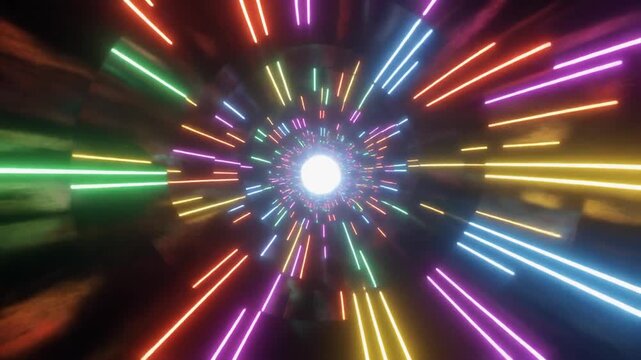 Vibrant neon lights illuminate abstract wormhole tunnel in 3D render