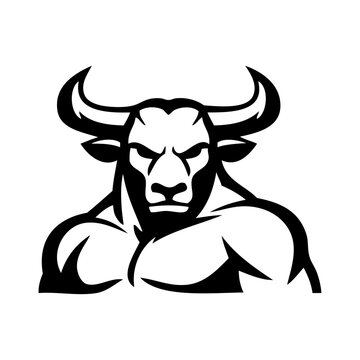 Logotipo cabeza de minotauro de la leyenda griega. Dibujo sencillo del minotauro: cuerpo humano con cabeza de toro.