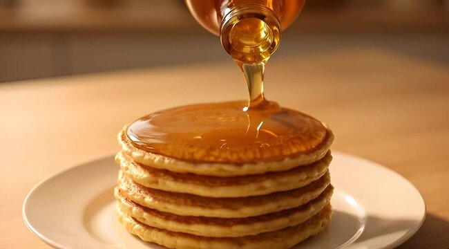 A stack of golden pancakes being drenched with delicious maple syrup