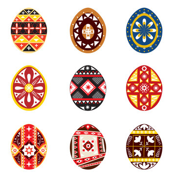Decorated Easter Eggs with colorful folk geometric ornaments