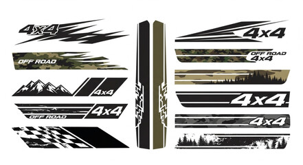 4x4 Off-Road Vehicle Decal Set - Mountain, Camo, and Racing Designs. © Juna
