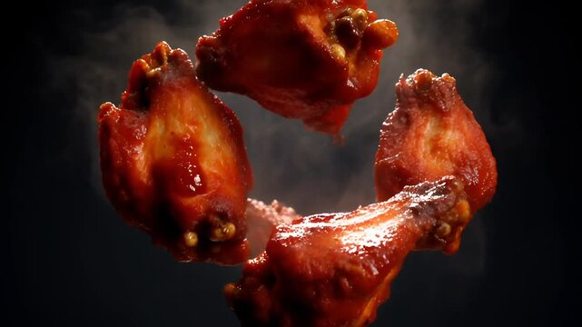 Juicy BBQ Chicken Wings Flying, Appetizer, Fast Food, Catering, Restaurant Food Photography
