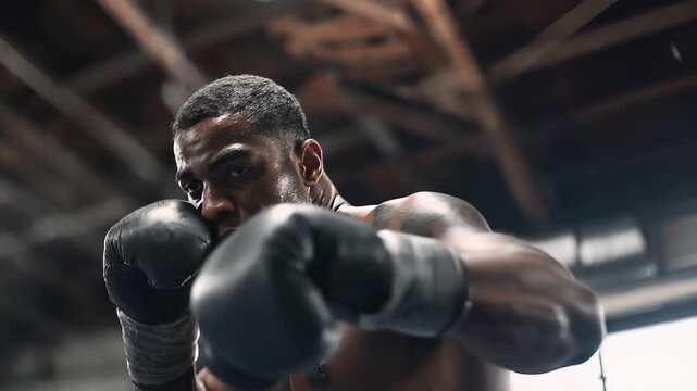 Boxer trains his punches in a realistic boxing gym environment during an intense practice session focused on technique and strength building