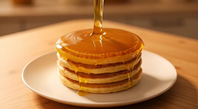 Golden cascade of syrup pouring over a stack of fluffy pancakes on a plate