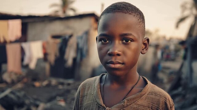 Portrait of an African boy in a poor community, showcasing resilience and hope against the backdrop of modest living conditions in the late afternoon light