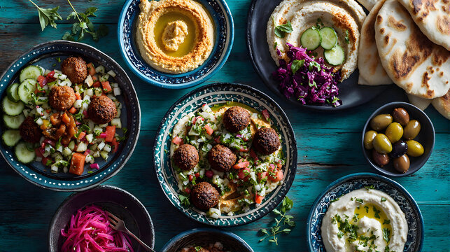 Mediterranean mezze feast with hummus falafel olives on blue table