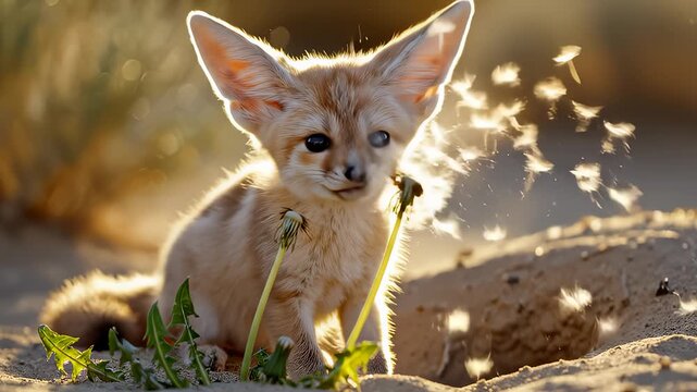 Curious Fennec Fox Cub Sniffs Dandelion In Golden Desert Light