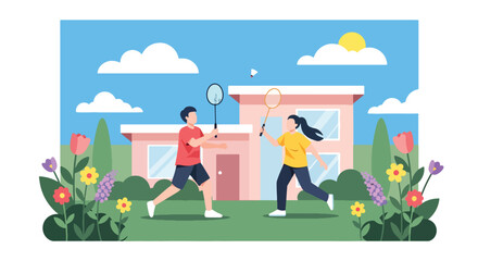 Obraz premium Modern vector illustration of badminton game in backyard garden surrounded by blooming flowers during spring season