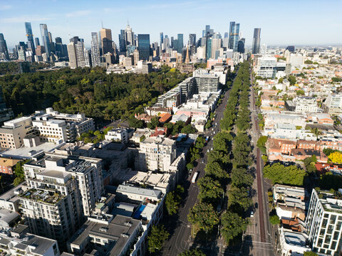 Aerial view looking along Victoria Parade road towards the Melbourne CBD