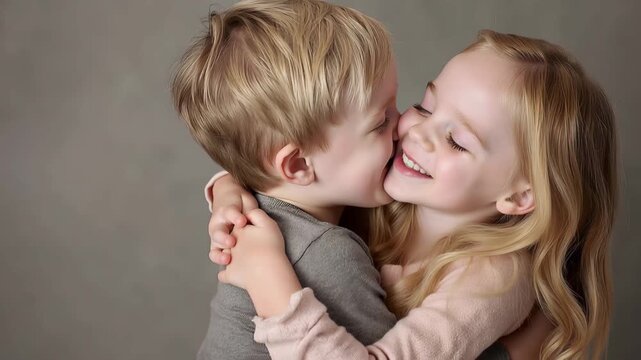 Cute siblings enjoying a warm hug in a cozy setting with soft lighting and neutral tones, capturing the warmth of their bond and shared joy during a joyful moment together
