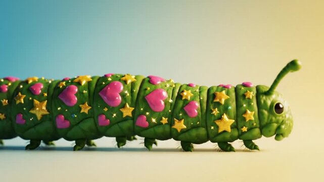 Whimsical Green Larva Character Adorned with Pink Hearts and Yellow Stars on a Soft Gradient Background