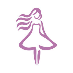 Logotipo de boutique de moda femenina. Dibujo sencillo con líneas de una mujer de pie con un vestido, vista de frente © teracreonte