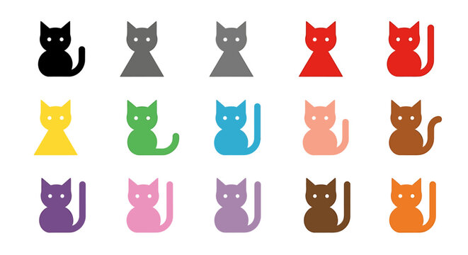 A grid of fifteen colorful, stylized cat icons in various hues, featuring simple, flat design and diverse color palette.