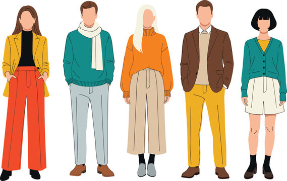 Modern flat style people illustration, diverse fashionable characters, casual outfits, trendy clothing, minimalist vector design, contemporary lifestyle, standing figures