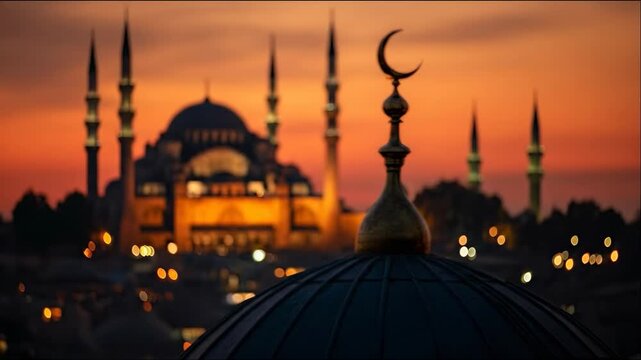 Crescent Moon Finial on Mosque Dome at Sunset with Iconic Istanbul Skyline in Bokeh