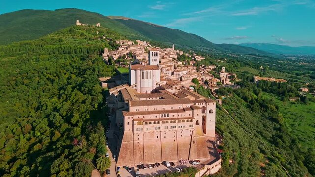 Aerial view of historic Assisi and Basilica of Saint Francis