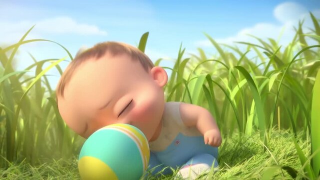A funny shot of a toddler pretending to peck an easter egg with their nose while laughing in the grass concept of playful childhood imitation and joy