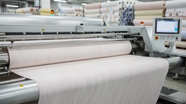 Programmable fabric spreader handling rib knit material gently maintaining elasticity and rib pattern alignment perfect for producing highquality infant wear components.