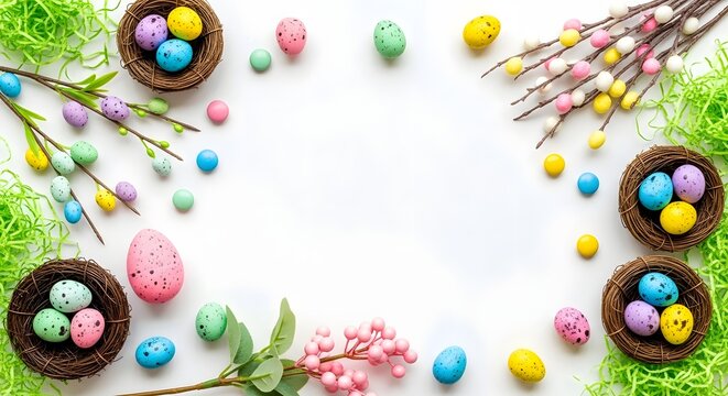 Easter eggs and nests on white background with green grass