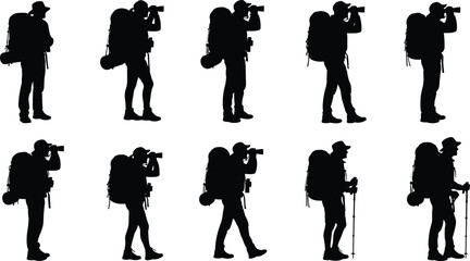Photographer traveler silhouettes set, hiking backpackers taking photos collection, outdoor adventure tourists, camera shooting poses, black isolated vector illustration © Abu