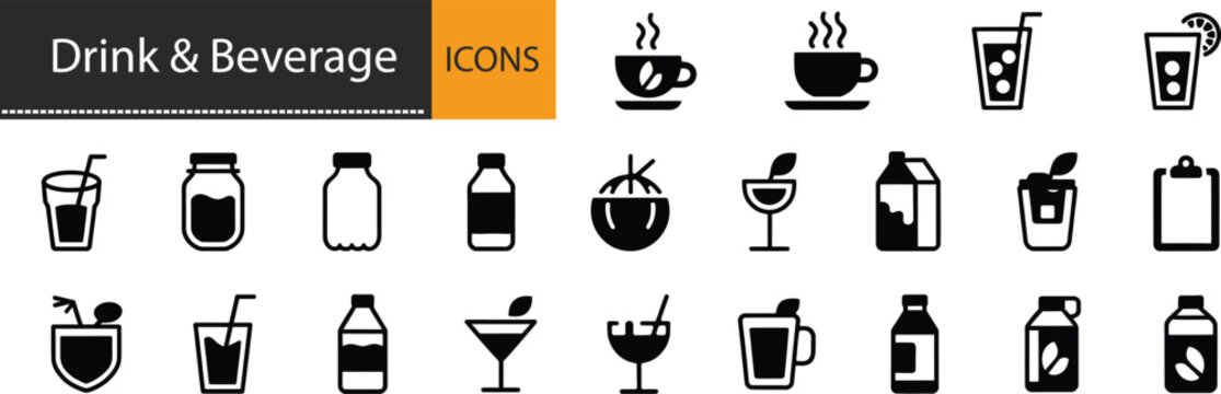 Drink Icon Set Vector: Coffee, Tea, Juice, Milk, Cocktail, Bottle, Glass, Smoothie, Soda, Refreshment, Cafe Menu Silhouette Collection