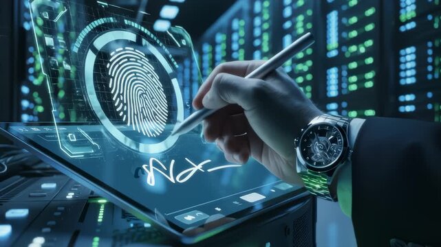 Businessman Digitally Signing Document On Tablet In Server Room