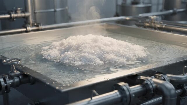 Medium shot of a crystal bed in a recycled salt feed system showing salt crystals forming as water evaporates highlighting sustainable salt recovery from industrial process