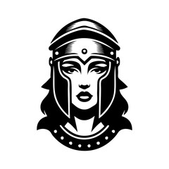 Logo mujer guerrera de fantasía. Icono con cara de mujer con casco de legionario romano. © teracreonte